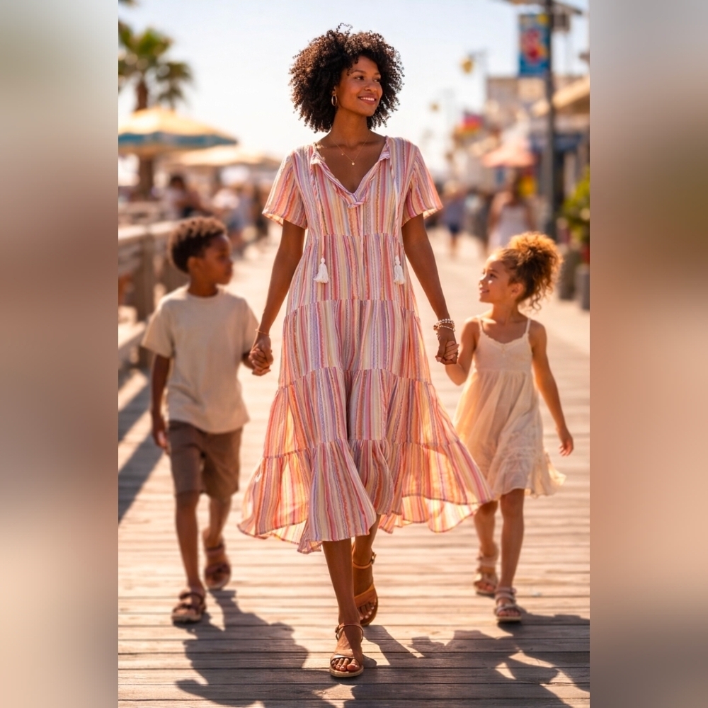 Karlie Multicolor Stripe Tiered Boho Midi Dress Tassel Tie Neck Short Sleeve
